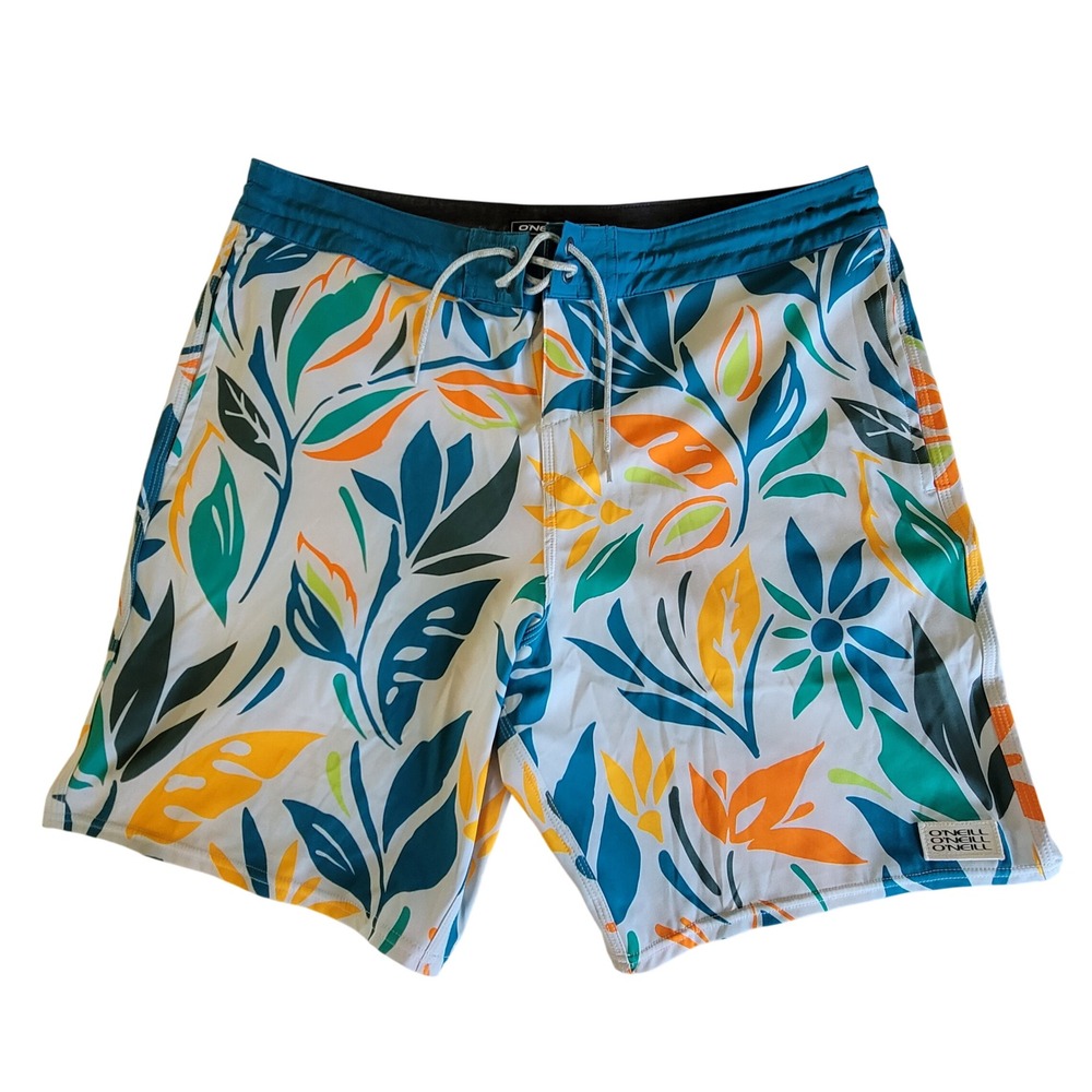 O'Neill Board Shorts Mens 34 White Tropical Floral Cruzers Stretch Swim Trunks